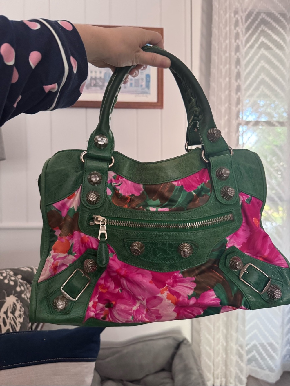 Balenciaga Green and Pink Floral Shoulder Bag - missing long crossbody strap